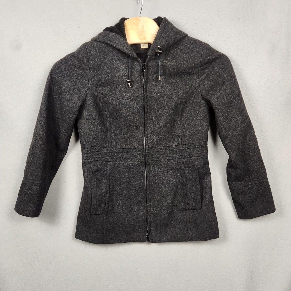 St John's Bay Coat Womens Medium Gray Wool Cashmere Hooded Zip Parka Winter